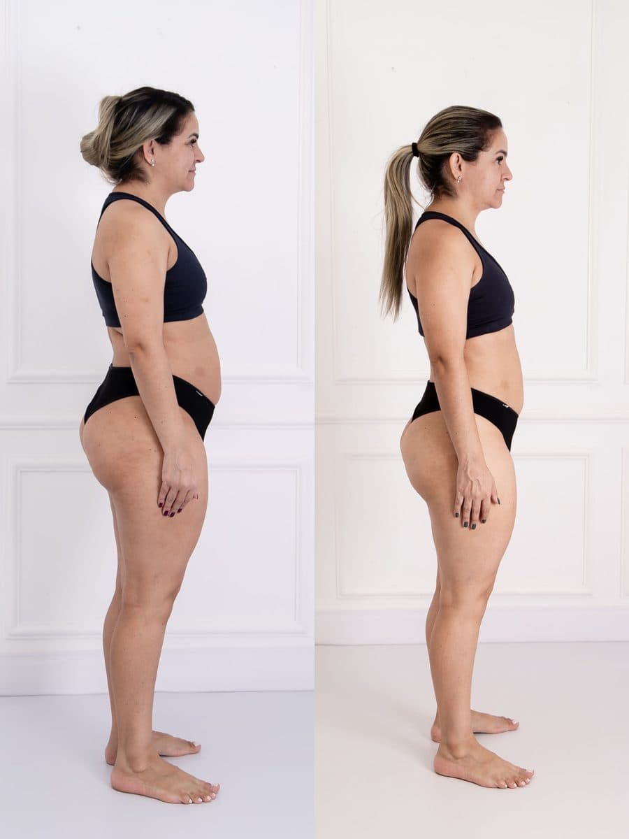 Antes e depois de aluna de perfil em estúdio