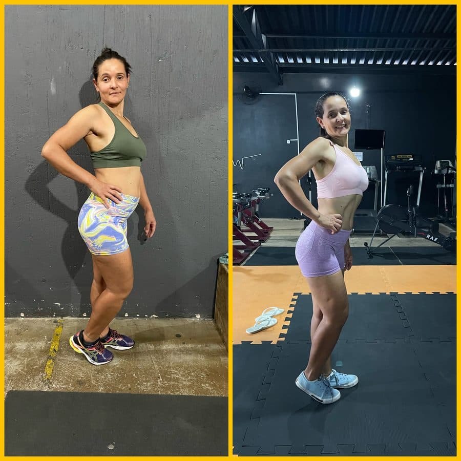 Antes e depois de aluna em pose lateral
