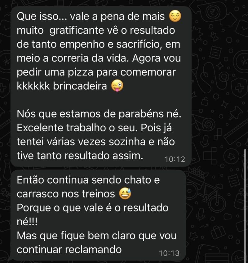 Depoimento de aluna no WhatsApp elogiando o trabalho do Pedro