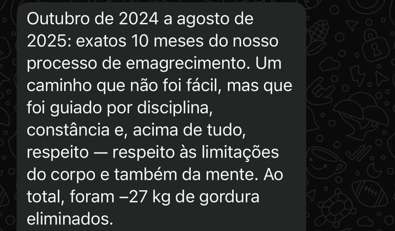 Depoimento de aluno no WhatsApp: 27 kg de gordura eliminados em 10 meses